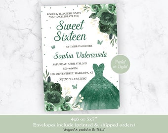 Sweet 16 Invitation, Sweet 16 Birthday Invitation, Butterfly Emerald Green Sweet Sixteen Invitation, Butterfly Emerald Green Invitation