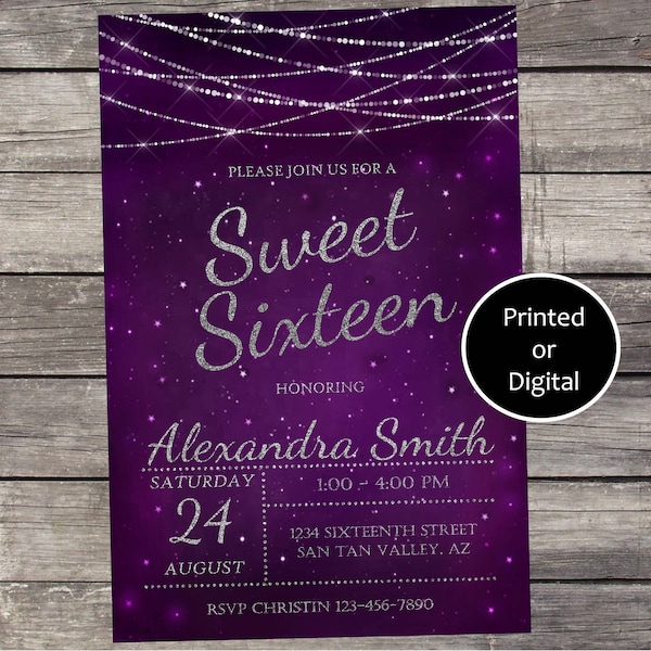 Purple Sweet 16 Invitation, Sweet 16 Birthday Invitation, Purple Sparkly Sweet 16 Invitation, Sparkly Sweet 16 Invitation