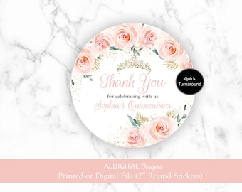 Quinceanera Crown Sticker, Quinceanera Crown Favor Stickers, Quincenaera Pink Sticker Favors, Quinceanera Pink Crown Sticker Favors