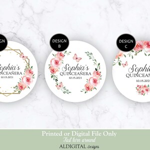 Quinceanera Pink Floral Stickers, Quinceanera Pink Butterfly Floral Stickers, Sweet Sixteen Pink Floral Favor Stickers, Pink Gold Stickers