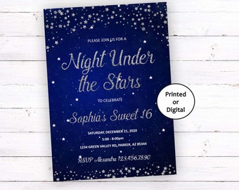 Night Under the Stars Invitation, Starry Night Invitation, Under the Stars Silver Birthday Invitation, Starry Night Invitation,