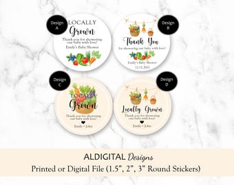 Locally Grown Baby Shower stickers, Harvest Baby Shower Stickers, Garden Baby Shower