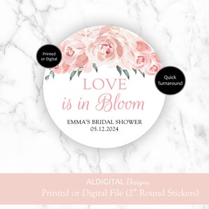 Love is in Bloom Stickers, Pink Bloom Stickers, Bloom Bridal Shower Stickers, Pink Bridal Shower Stickers