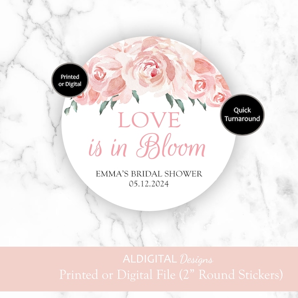 Love is in Bloom Stickers, Pink Bloom Stickers, Bloom Bridal Shower Stickers, Pink Bridal Shower Stickers