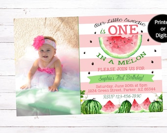 Watermelon Birthday Invitation, One in a melon invitation, Watermelon Invitation, Watermelon First Birthday Invitation
