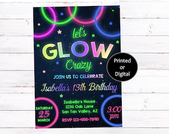 Glow Birthday Invitation, Glow Invitation, Neon Glow Birthday Invitation, Let's Glow Crazy Invitation