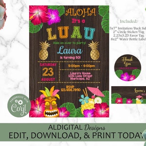 Convite de aniversário Luau, convite de aniversário Luau havaiano, convite temático havaiano, MODELO EDITÁVEL
