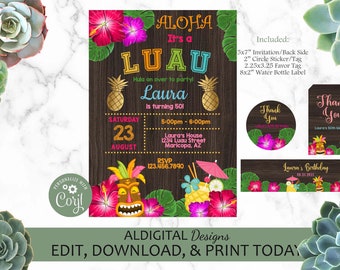 Luau Birthday Invitation, Hawaiian Luau Birthday Invitation, Hawaiian Theme Invitation, EDITABLE TEMPLATE