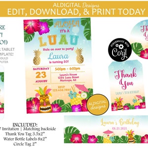 Luau Birthday Invitation, Hawaiian Luau Birthday Invitation, Hawaiian Theme Invitation, EDITABLE TEMPLATE
