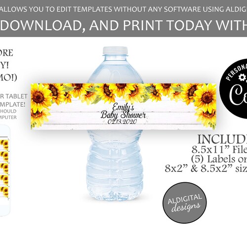 Sunflower Water Bottle Labels Sunflower Water Bottle Label | Etsy