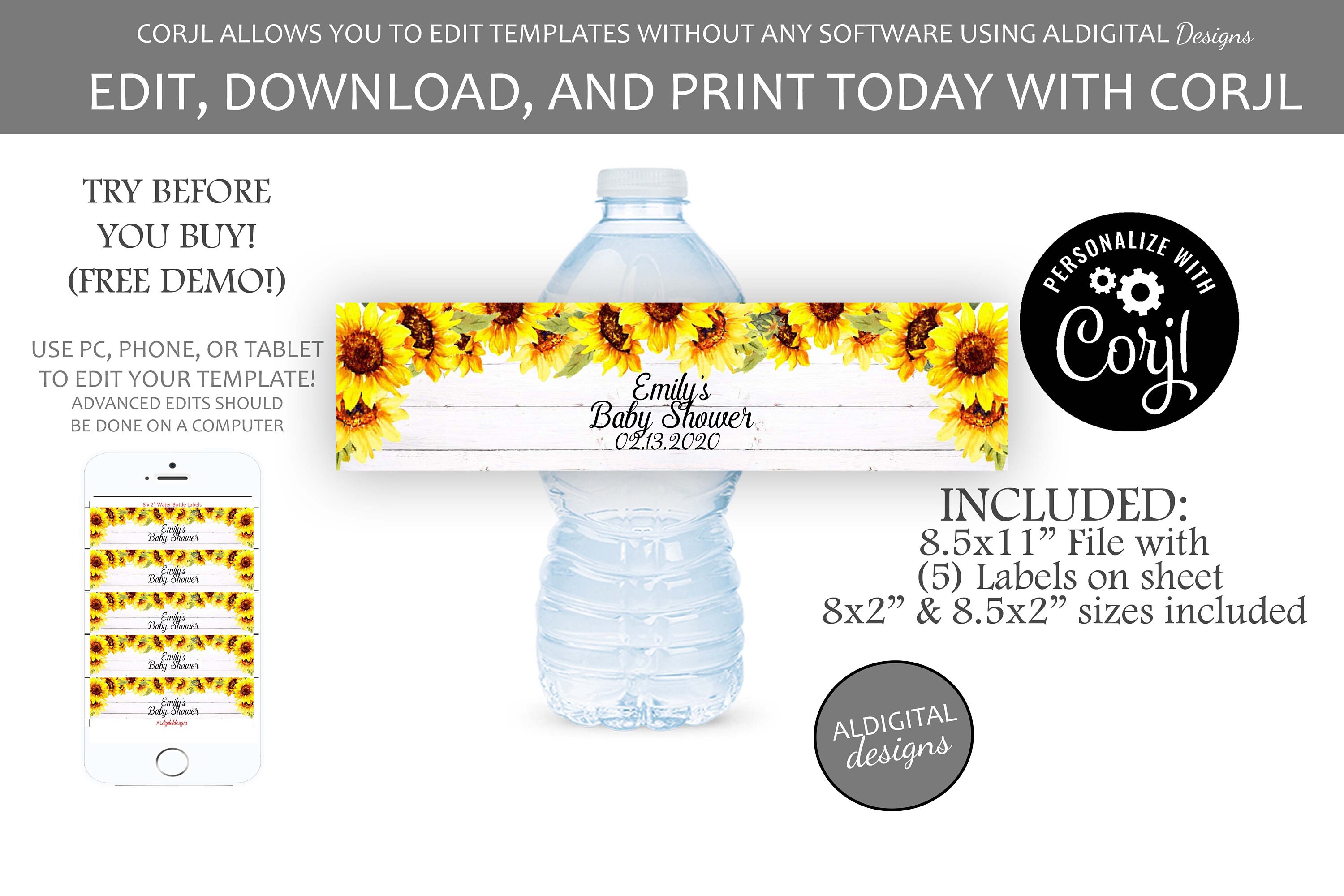 Sunflower Water Bottle Labels Sunflower Water Bottle Label | Etsy