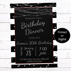 Puede incluir: Invitaci&oacute;n a rayas blancas y negras con detalles de purpurina plateada. La invitaci&oacute;n es para una cena de cumplea&ntilde;os para celebrar el 30 cumplea&ntilde;os de Emma. El evento es el s&aacute;bado 18 de enero a las 7:00 pm. La direcci&oacute;n es 12.31 Olive Street, San Jan Valley, AZ. RSVP al 123-456-7890. La invitaci&oacute;n est&aacute; disponible para descargar impresa o digital.