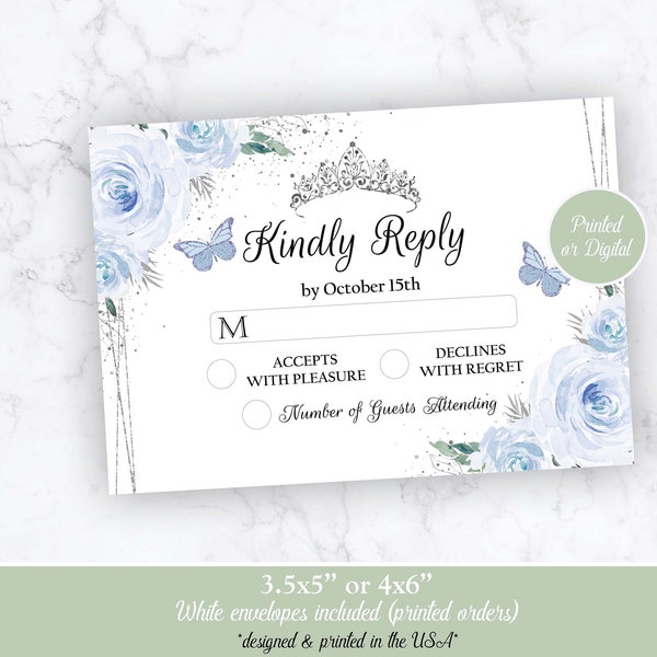 Blue Quinceanera RSVP Card, Quinceanera RSVP Card, Blue Floral Quinceanera Reply Card