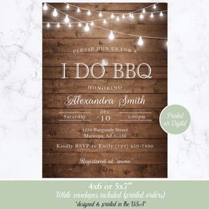 May include: Rustic wood background with string lights and the text "I Do BBQ" in white. The invitation is for Alexandra Smith's wedding celebration on December 10th at 1:00pm. The address is 1234 Burgundy Street, Maricopa, AZ 85138. The invitation includes RSVP information and a note about the wedding registry. The invitation is available in 4x6 or 5x7 inch sizes and includes white envelopes.