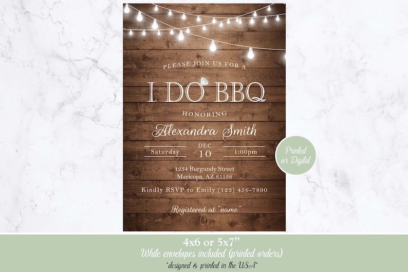 May include: Rustic wood background with string lights and the text "I Do BBQ" in white. The invitation is for Alexandra Smith's wedding celebration on December 10th at 1:00pm. The address is 1234 Burgundy Street, Maricopa, AZ 85138. The invitation includes RSVP information and a note about the wedding registry. The invitation is available in 4x6 or 5x7 inch sizes and includes white envelopes.