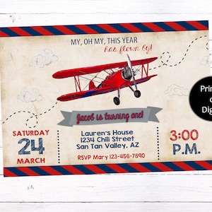 May include: A vintage-style invitation with a red biplane illustration. The invitation includes the text "My, oh my, this year has flown by!" and details for a birthday party, including the date, time, and location.