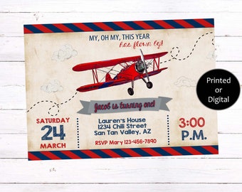 May include: A vintage-style invitation with a red biplane illustration. The invitation includes the text "My, oh my, this year has flown by!" and details for a birthday party, including the date, time, and location.