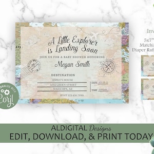 Little Explorer Baby Shower Invitation, Landing Soon Baby Shower Invitation, Baby Shower Invitation, World Baby Shower, EDITABLE TEMPLATE