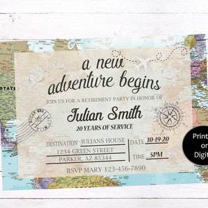 May include: A retirement party invitation with a world map background. The invitation reads "a new adventure begins" and includes the name "Julian Smith" and the date "10-19-20".