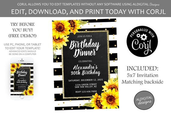 Sunflower Birthday Invitation, 30th Birthday Invitation, Milestone Birthday Invitation, Sunflower Invitation, EDITABLE TEMPLATE