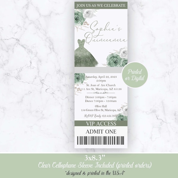 Sage Green Ticket Invitation, Sage Green Ticket Quinceanera Invitation, Sweet Sixteen Sage Green Invitation, Sweet Sixteen Ticket Invitation