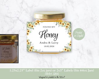 Sunflower Honey Jar Labels, Wedding Honey Sticker Labels, Found my Honey Wedding Labels, Found my Honey Labels, Honey Favor Labels