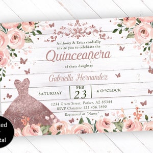 Quinceanera Invitation, Quinceanera Pink Butterfly Invitation, Quinceanera Pink Floral Butterfly Invitation, Sweet Sixteen Invitation