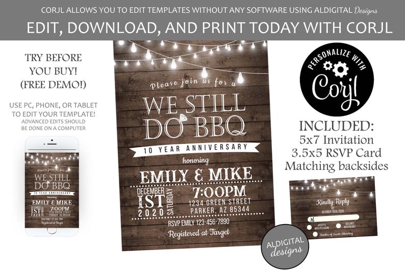 K&ouml;nnte beinhalten: Ein rustikaler Holzhintergrund mit Lichterketten und einem wei&szlig;en Text&uuml;berlagerung, der "Please join us for a We Still Do BBQ 10 Year Anniversary honouring Emily & Mike December 1st 2020 Saturday 7:00PM 1234 Green Street Parker, AZ 85344 RSVP Emily 123-456-7890 Registered at Target" lautet. Der Text ist in wei&szlig;er Schrift mit schwarzem Umriss. Das Bild ist ein digitaler Download f&uuml;r eine 5x7 Einladung und eine 3.5x5 RSVP Karte.