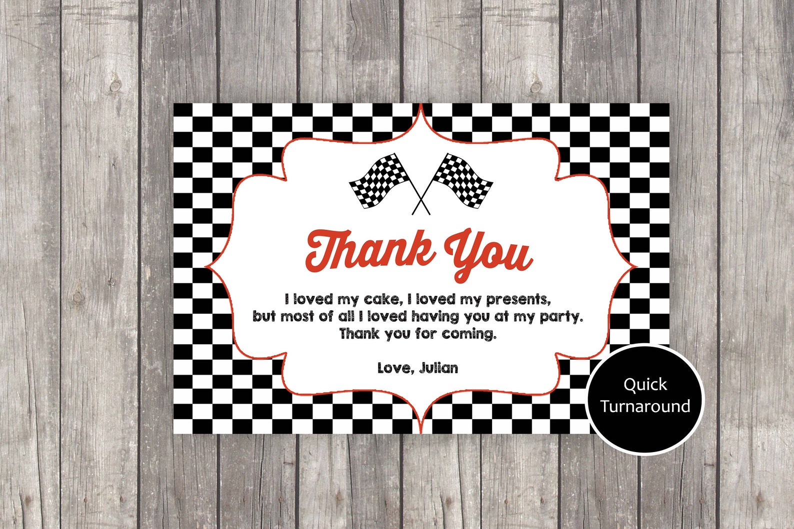 Race Car Thank You Card Race Car Birthday Racing Birthday - Etsy