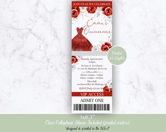 Red Ticket Invitation, Red Ticket Quinceanera Invitation, Sweet Sixteen Red Invitation, Sweet Sixteen Ticket Invitation