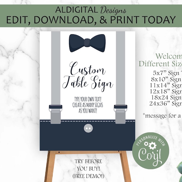 Little Man Table Sign, Bow Tie Table Sign, Suspenders Bow Tie Table Sign, Little Man Baby Shower Sign, EDITABLE TEMPLATE