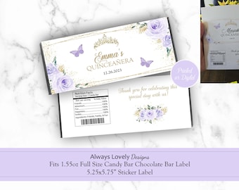 Etiqueta de barra de chocolate con diseño floral morado de Quinceañera, etiqueta de barra de chocolate con corona morada de Quinceañera, etiqueta de dulces de Quinceañera