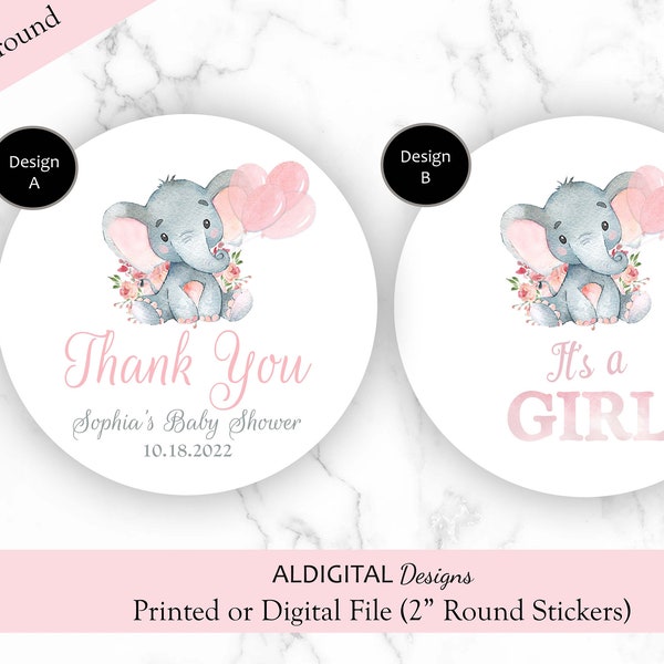 Elephant Baby Shower Stickers, Elephant Stickers, Pink Elephant Baby Shower Stickers, Elephant Baby Shower, Its a Girl Stickers