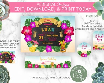 Luau Birthday Invitation, Hawaiian Luau Birthday Invitation, Hawaiian Theme Invitation, Hawaiian Party Invite,  EDITABLE TEMPLATE