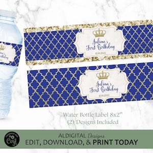 Rótulo de garrafa de água Prince, rótulos de garrafa de água Royal Prince, rótulo de água Prince Blue Gold, rótulos de garrafa de água Prince Baby Shower, EDITÁVEL
