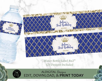 Prince Water Bottle Label, Royal Prince Water Bottle Labels, Prince Blue Gold Water Label, Prince Baby Shower Water Bottle Labels, EDITABLE