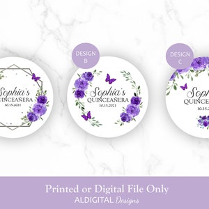 Quinceanera Purple Stickers, Quinceanera Purple Butterfly Floral Stickers, Sweet Sixteen Purple Favor Stickers, Purple Silver Stickers