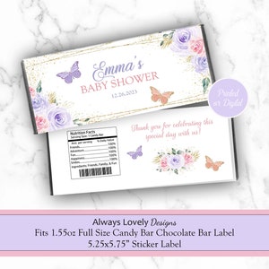 Butterfly Candy Bar Label, Chocolate Bar Label, Butterfly Candy Bar Wrapper, Pink Purple Butterfly Candy Bar Wrapper Baby Shower