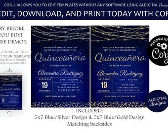 Quinceanera Invitation, Mis Quince Anos, 15th Birthday Invitation, Navy Blue Quinceanera Invitation, EDITABLE TEMPLATE