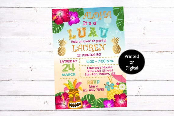 Luau Party Invitations, Luau Birthday Invitations, Hawaiian Invitation, Aloha Invitation