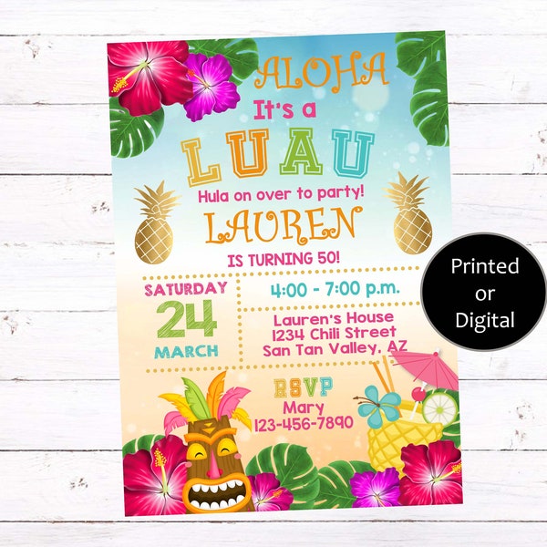 Luau Party Invitations, Luau Birthday Invitations, Hawaiian Invitation, Aloha Invitation