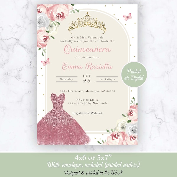 Quinceanera Invitation, Pink Quinceanera Invitation, Quinceanera Pink Invitation, Pink Dress Gold Crown Quinceanera Invitation