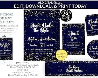 Starry Night Invitation, Under the Stars Invitation, Sweet Sixteen Under the Stars Invitation, Wedding Under the Stars, EDITABLE TEMPLATE