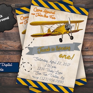 May include: Two vintage-style invitations with a yellow biplane illustration. The invitations feature text that reads "Come Aboard and Join the Fun" and "Jacob is turning one!" with event details. The design includes blue and yellow stripes.