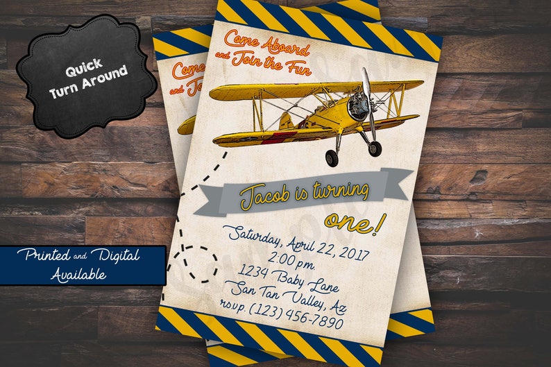 May include: Two vintage-style invitations with a yellow biplane illustration. The invitations feature text that reads "Come Aboard and Join the Fun" and "Jacob is turning one!" with event details. The design includes blue and yellow stripes.