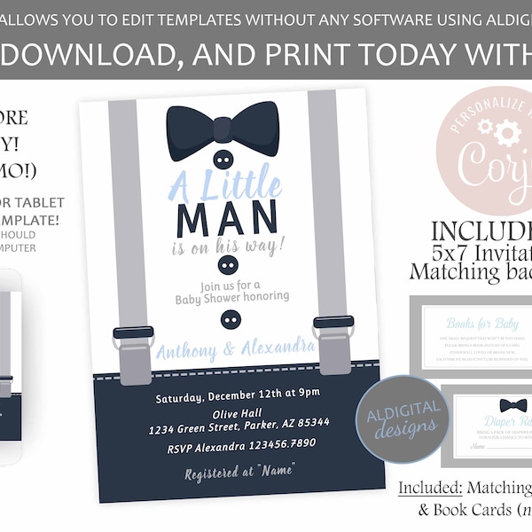 Little Man Baby Shower Invitation, Little Man Invitation, Little Man Suspenders Bow Tie Invitation, EDITABLE TEMPLATE