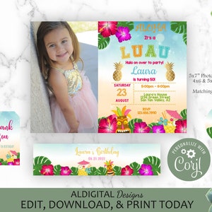 Luau Birthday Invitation, Hawaiian Luau Birthday Invitation, Hawaiian Theme Invitation, Luau Photo Invitation, EDITABLE TEMPLATE