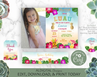 Luau Birthday Invitation, Hawaiian Luau Birthday Invitation, Hawaiian Theme Invitation, Luau Photo Invitation, EDITABLE TEMPLATE