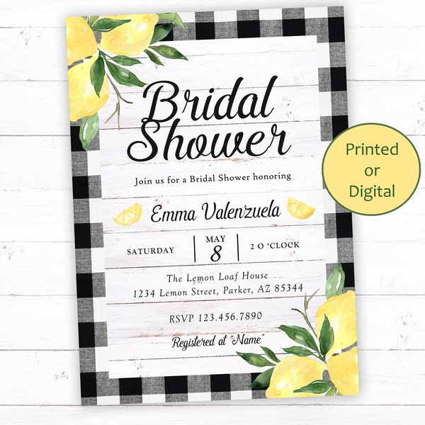 Bridal Shower Invitation, Lemon Citrus Bridal Shower Invitation, Black Plaid Lemon Bridal Shower Invitation