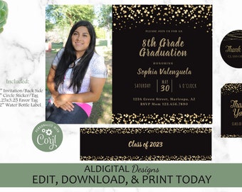 Anuncio de graduación, invitación de graduación de oro negro, invitación de graduación de octavo grado, anuncio de promoción, PLANTILLA EDITABLE